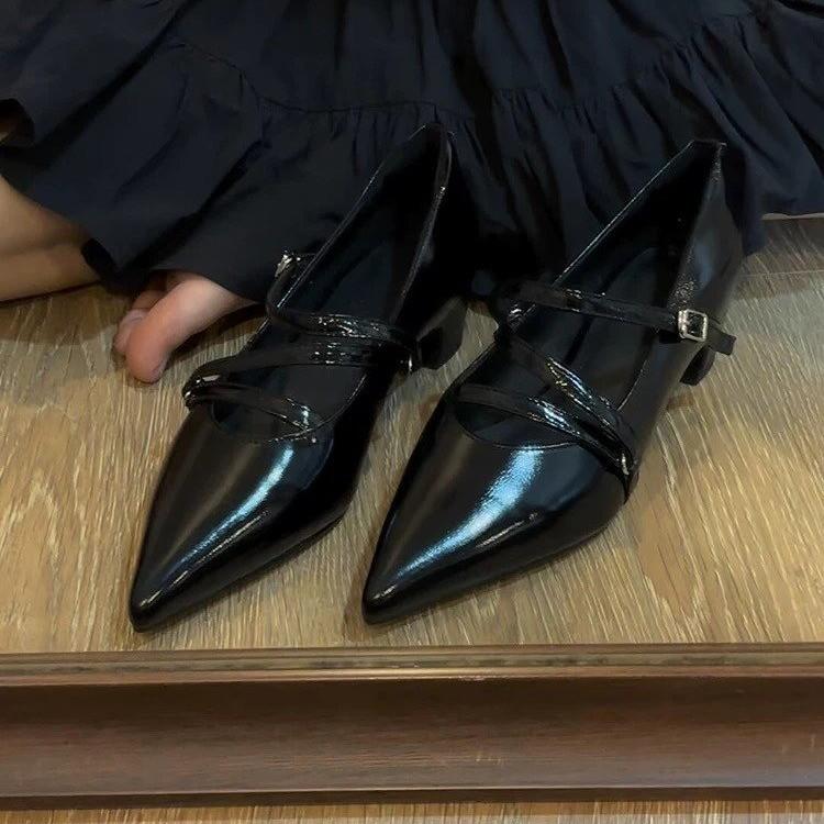 2025 Spring Autumn Women Double Buckle  Janes Shoes Patent Leather Dress Square Head Square Heel Solid Color  Shoes