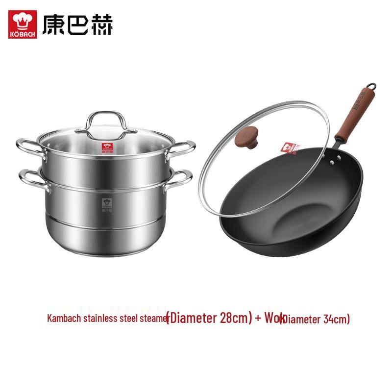 KOBACH 34cm Cast Iron Wok & Stainless Steel Steamer Set