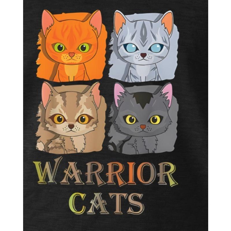 Girls Warrior Cat Print Crewneck Short Sleeve Tee, Lightweight Soft Slim Fit Summer Top for Sports Outdoor Play
