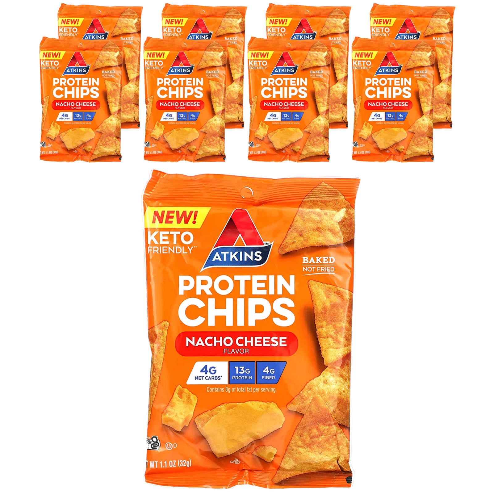 

Atkins, Protein Chips, Nacho Cheese, 8 packets, 1.1 oz (32 g) each