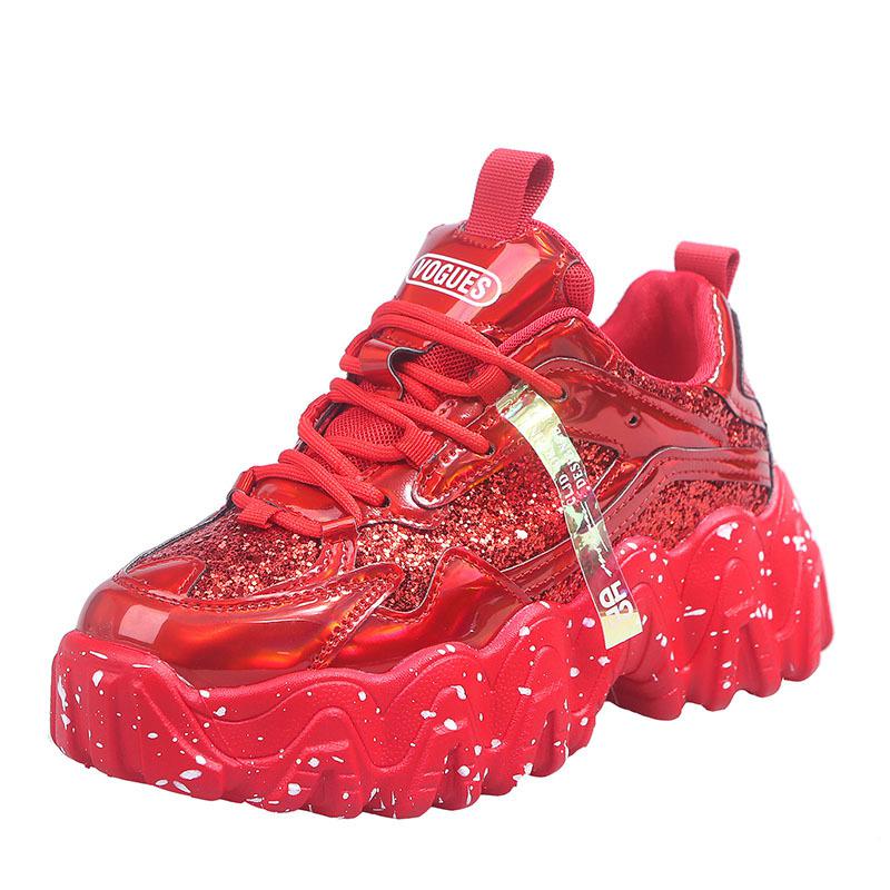 Red Leather Winter Platform Sneakers Women Casual Shoes Thick Sole Chunky Sneakers Women Glitter Dad Shoes Zapatillas De Mujer