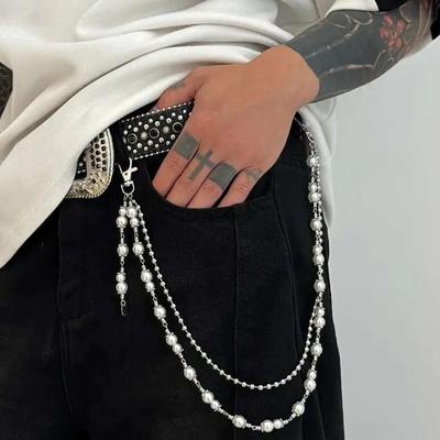 Salircon Punk Multilayer Imitation Pearl Charm Jeans Pants Keychain Men Goth Waist Chain Wallet Bag Chain Male Jewelry Grunge