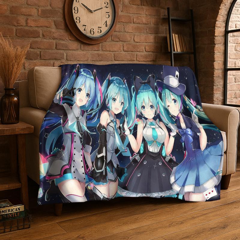 Music Girl M-MIKU Cartoon Flannel Blanket Soft Warm Throw Blanket for Bedroom Living Room Bed Travel Camping Picnic Gift 75x90cm