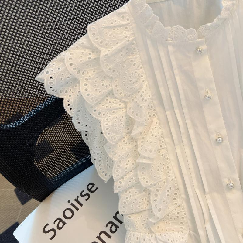Fashion Flying Sleeve White Shirts Vintage Sleeveless Ruffled Lace Blouse for Woman Woman Elegant Casual Sweet Tops