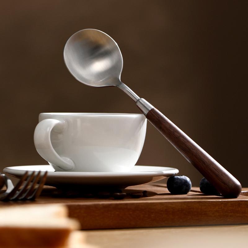 New Vintage imitation walnut spoon brushed Western tableware stainless steel round head family dinner spoon imitation wood grain