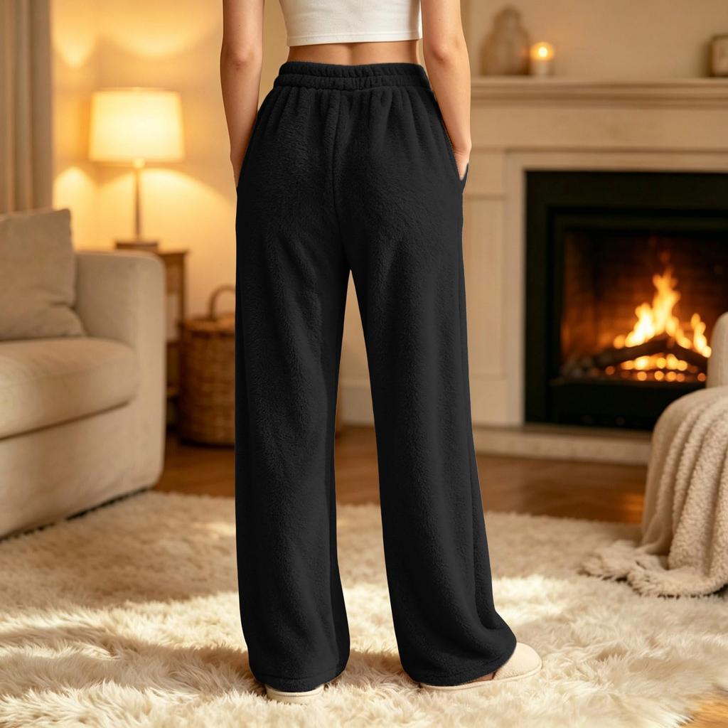 Pajama Pants Women Fuzzy Wide Leg Elastic Waist Trousers