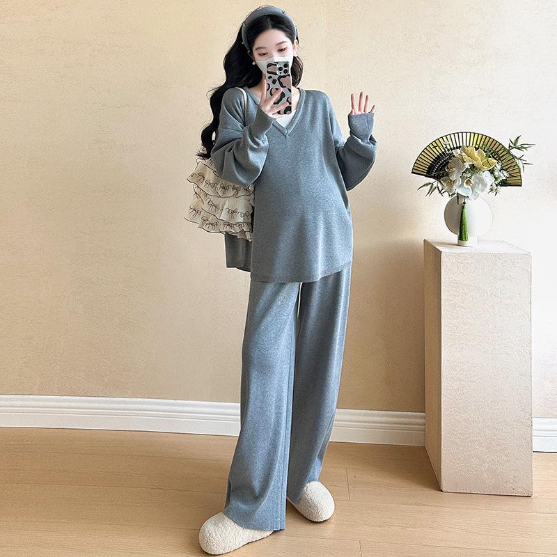 2026 Spring Fashion Chic Maternity Knit Sweater & Wide-Leg Pants Two-Piece Set M