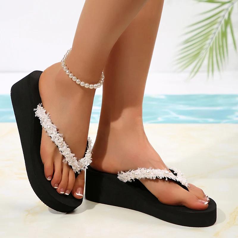 Fashion 2025 Casual Peard Decor Flip Flops Woman Summer Lightweight Wedges Sandals for Women Outer Wear Soft Bottom Slides Ladies