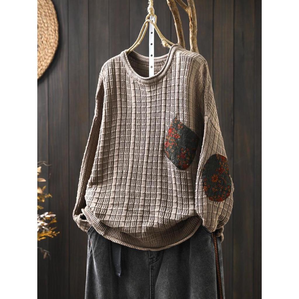 Patch Cotton Knit Sweater Women's Loose Lazy Large Size Meat-covering Spring and Autumn Retro Casual Round Neck Long-sleeved Top