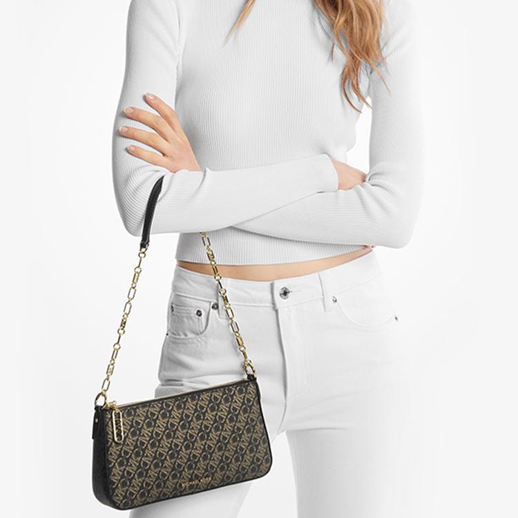 Michael Kors MK Empire Logo Print Zip Closure Faux Leather Crossbody Shoulder Bag Medium Women Bags Black Gold 32F4G8EW6B-038