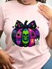TXWomen's Trendy Crew Neck T-Shirt Colorful Halloween Pumpkin Skull Design Suitable for Casual Sportswear