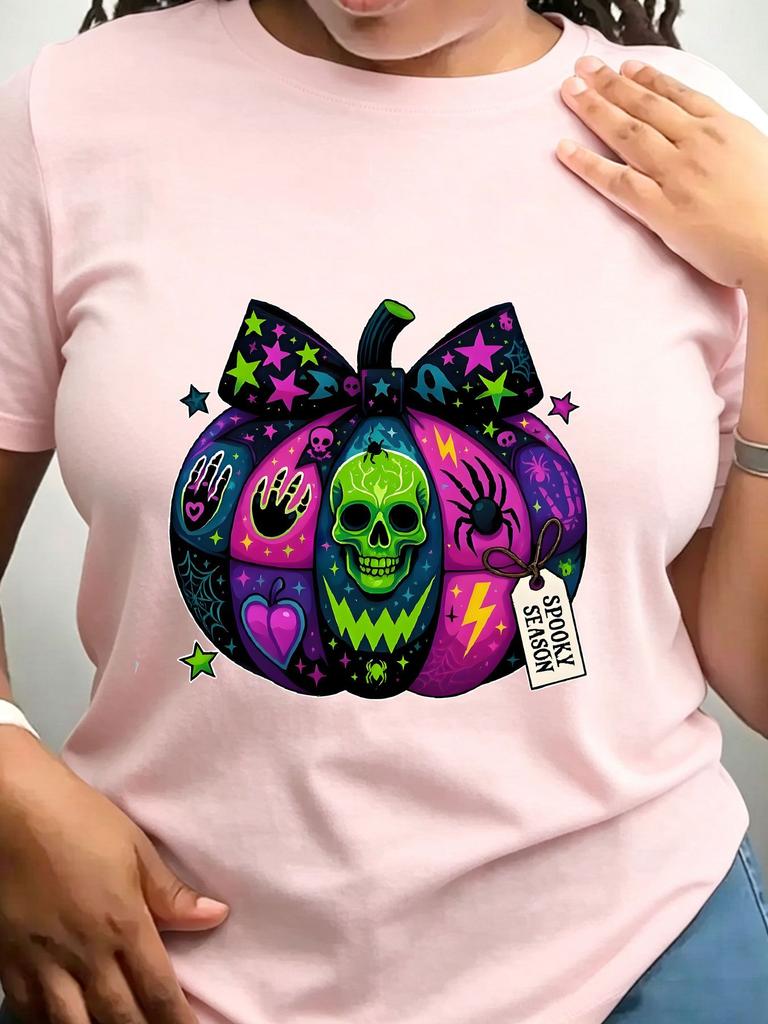 TXWomen's Trendy Crew Neck T-Shirt Colorful Halloween Pumpkin Skull Design Suitable for Casual Sportswear