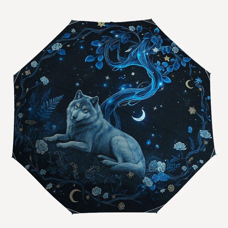 Enchanted Night Wolf Wall Art: Mystical Moonlit DecorUmbrella with Cute Design, Portable 3-Fold Compact Umbrella for Men & Women, Valentine's Day Moth