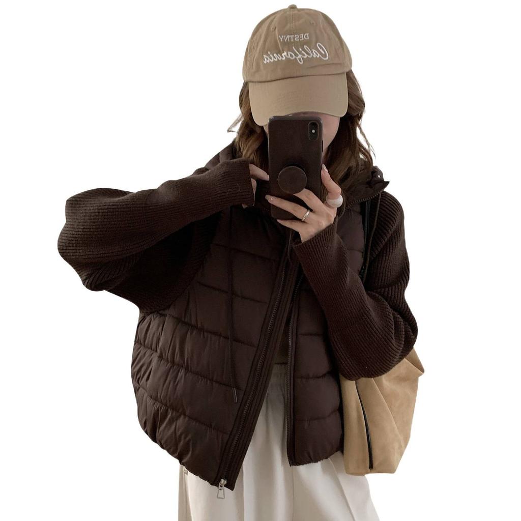 Women's Winter Hooded Down Jacket Knit Sleeves Cropped Coat