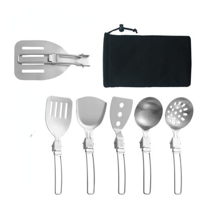 Outdoor Picnic 5-piece Set of 304 Stainless Steel Portable Foldable Vegetable Spatula, Pot Spatula, Soup Spoon, Multifunctional Kitchen Utensils