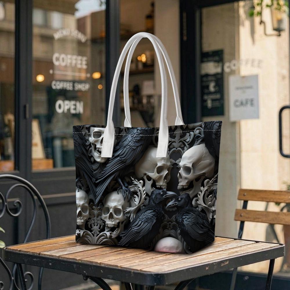Gothic Skull Crow Printed Shoulder Bag Casual Daily Tote Bag Stylish Dark Style Portable Durable Handbag