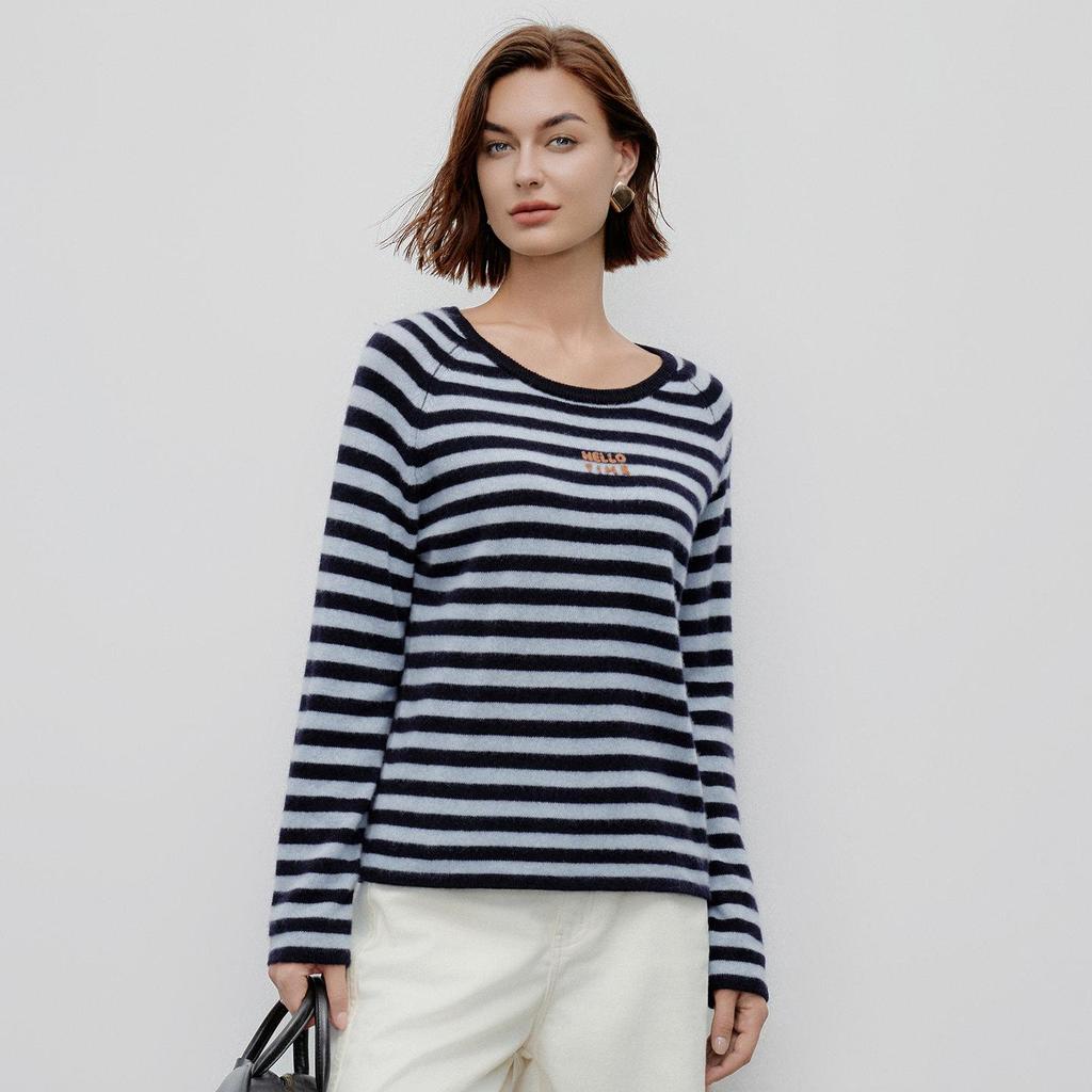 Women's 2026 Spring/Autumn Round Neck 100% Cashmere Knit Outerwear with Striped Letter Design.