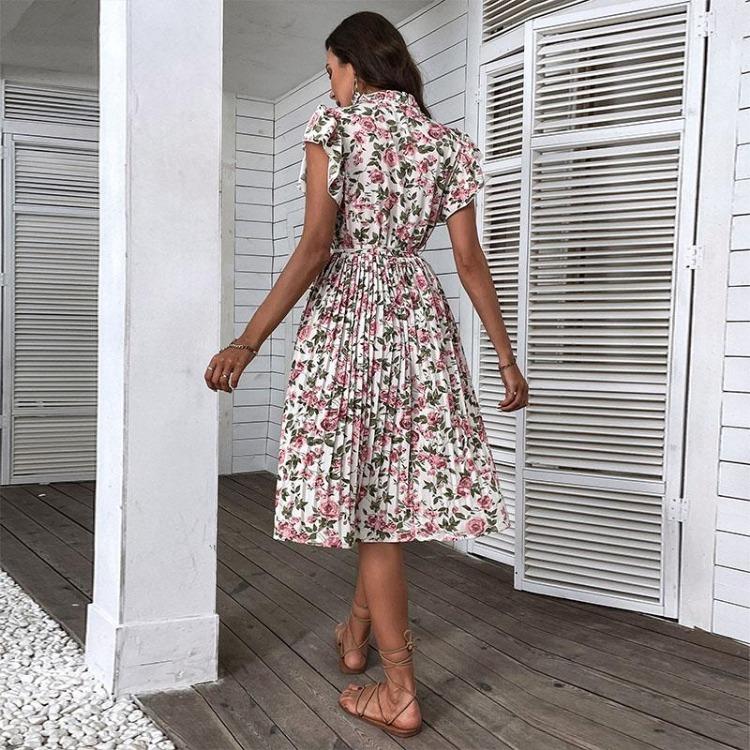 Vintage Summer Women Floral White V Neck Short Sleeve A Line Dress Medium Long Chic Sizes S XXL