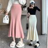 Black Knit High Waist Midi Skirt for Pear Shape Women, Plus Size A-Line Fishtail, Autumn/Winter.