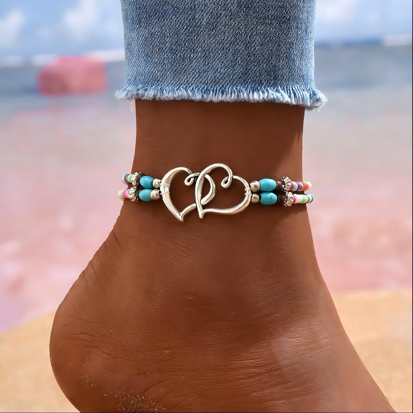 

4pcs Boho Beaded Anklet Set, Colorful Seed Beads HollowDouble Heart Design - Adjustable Elastic for Men Women, Party Casual Gift белый