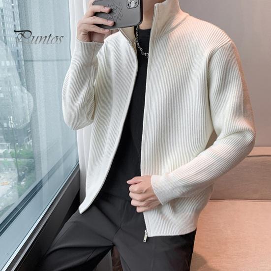 Men Sweater Coat Zipper Closure Knit Elastic Long Sleeves Stand Collar Outerwear Pure Color Casual Cardigan Daily Wear School Mid Length Jacket