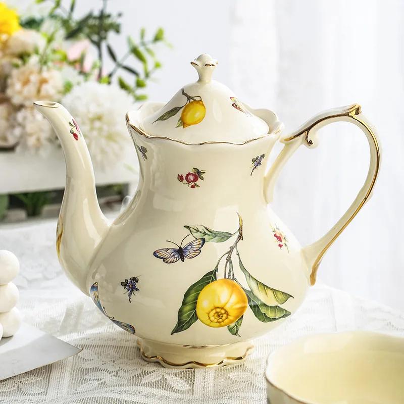European Ceramics Coffee Cup and Saucer Elegant Lemon Pattern European Style Teapot Coffee Mug with Dessert Spoon Gift for Mom