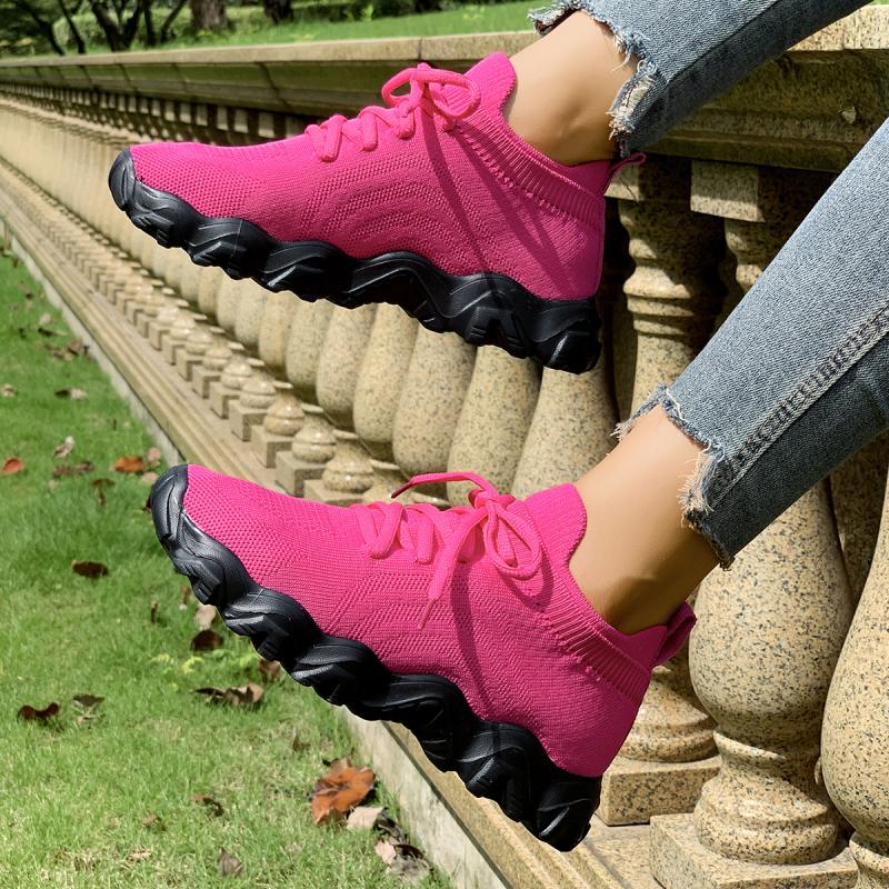 Sexy Hot Pink Breathable Mesh Sneakers Women 2025 Autumn Round Toe Soft Thick Bottom Sports Shoes Light Weight Running Shoes