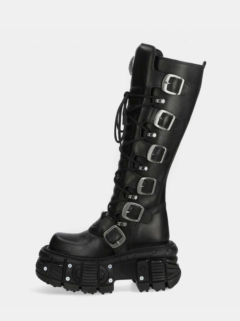 Fibbia Cintura Stivali da Moto Al Ginocchio Rock Punk Punta Rotonda Fondo Spesso Pelle Tinta Unita Scarpe Sexy da Donna Nuove