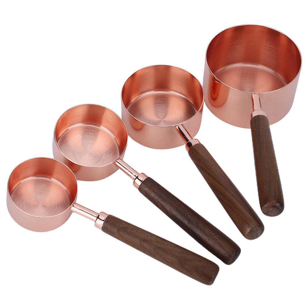 4PCS Set Rose Gold Measuring Cup Spoon with Scale Thickened Wooden Handle Home Baking Tool