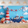 Fundo de Aventura no Oceano 2D, Tema de Festa com Farol e Barco de Desenho Animado