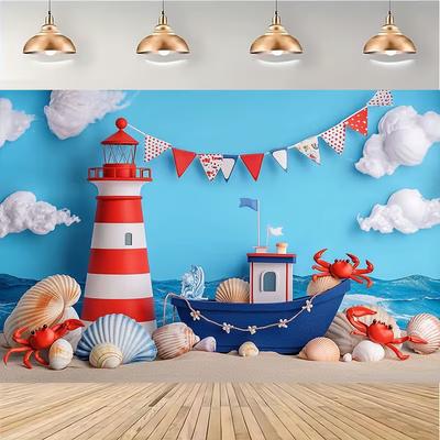 2D Ocean Adventure Background, Cartoon Lighthouse & Boat Themed Party Backdrop