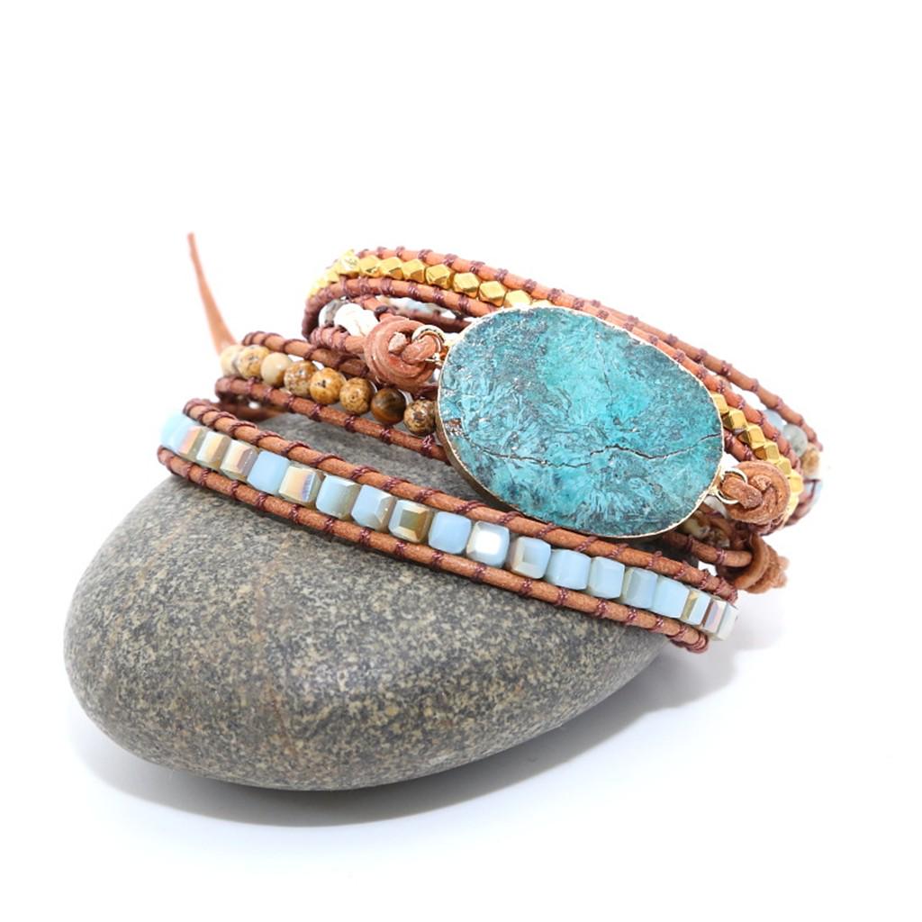 Ocean Stone Beaded Bohemian Wrap Leather  Jasper Bracelet Bangle Gift
