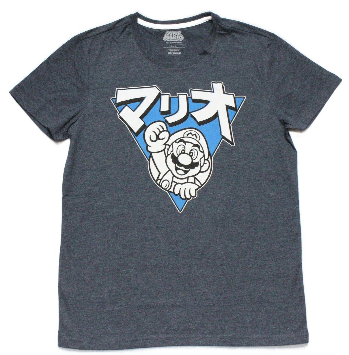 Super Mario Brothers Mens T-shirt - Mario In Blue Kanji Triangle M