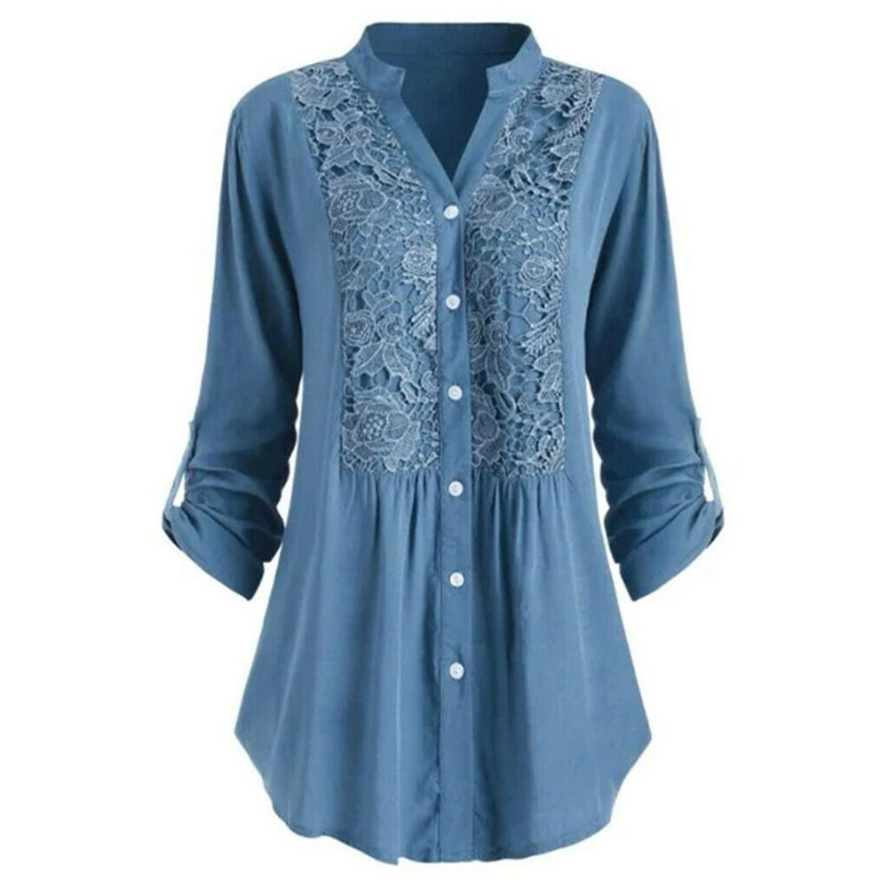 Women Solid Color Lace Splicing Single Breasted Shirt Casual Stand Collar Long Sleeves Plus Size T-Shirt Loose Cotton Blouse
