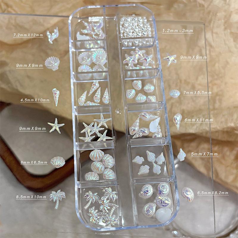 12 Grids/Box Blue White Nail Charm Shell Starfish Mermaid Tail 3d Nail Art Accessories For A Dreamy And Oceanic Manicure Look