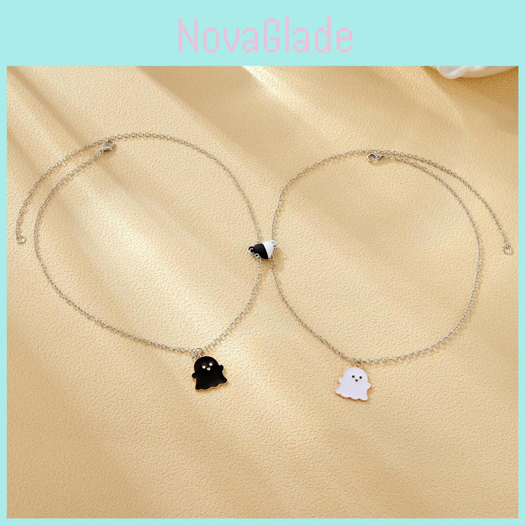 Charming Black And White Ghost Necklace For Kids With Heart Shape Design And Magnetic Clasp