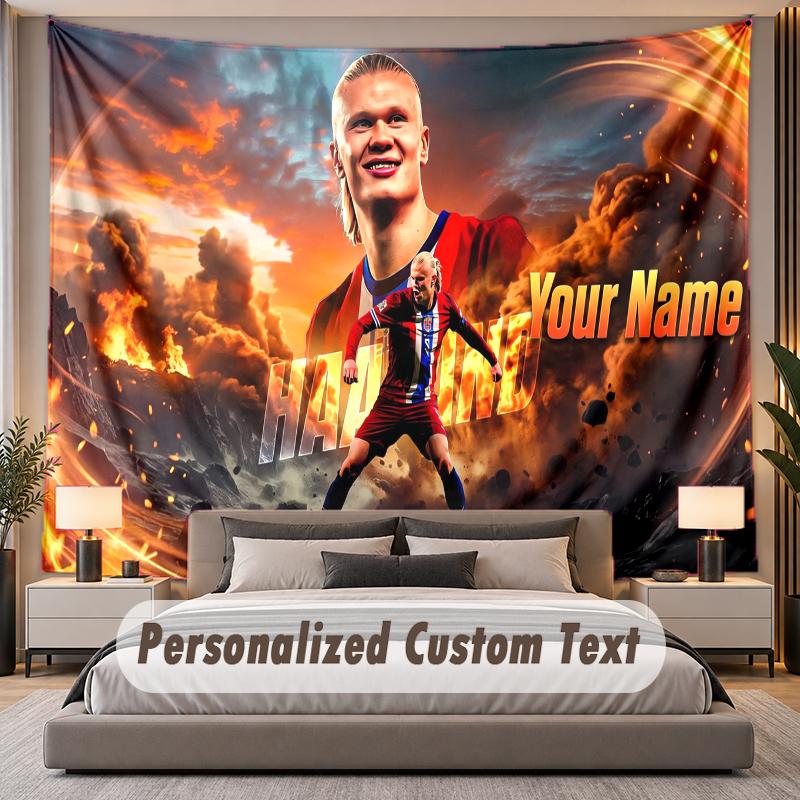Custom Name Text Tapestry Erling Haaland Personalized Polyester Wall Tapestry For Bedroom And Room
