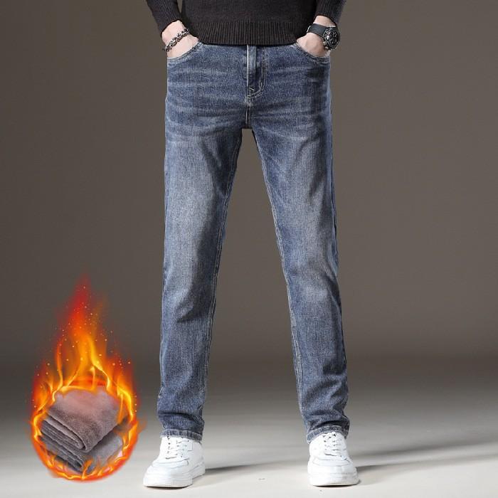 Outono e Inverno Novo Veludo/Fino Masculino High-End Jeans Slim Fit Tubo Reto Elástico Casual Versátil Tendência Marca Calças Leves de Negócios