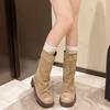 New 2024 Autumn Women Platform Boots Khaki Suede Pleated Mid-calf Boots Retro Fashion Bowknot Western Cowboy Boot Knight Booties