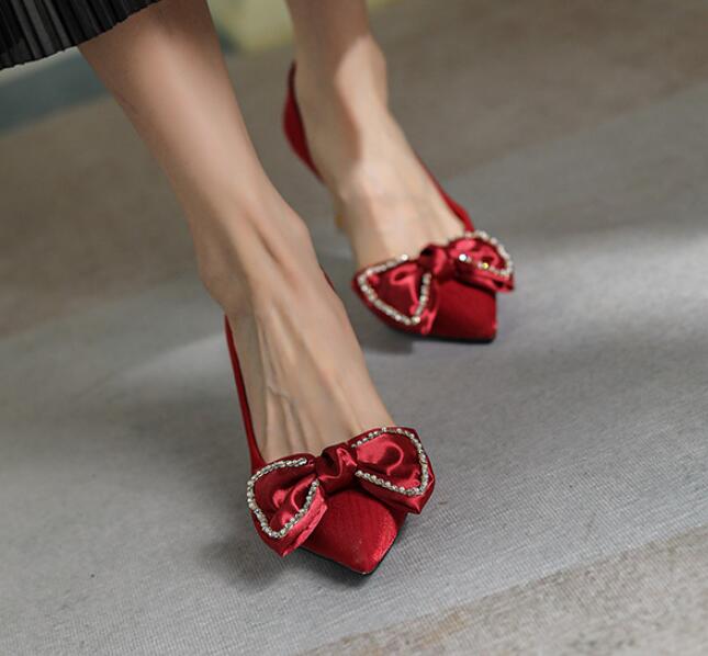 

2024 D orsay Crystal Pumps Woman Butterfly-Knot Shoes Silk Pointed Toe Dress Tacones Mujer Gold Stilletto Brides Wedding Shoes 4.5 красный