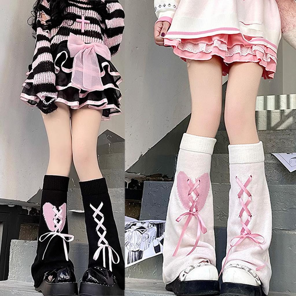 Womens Student Subculture-Wear Solid Color Bandage Bows Cute Sweet Legwear Long Winter Daily Sock for School Office