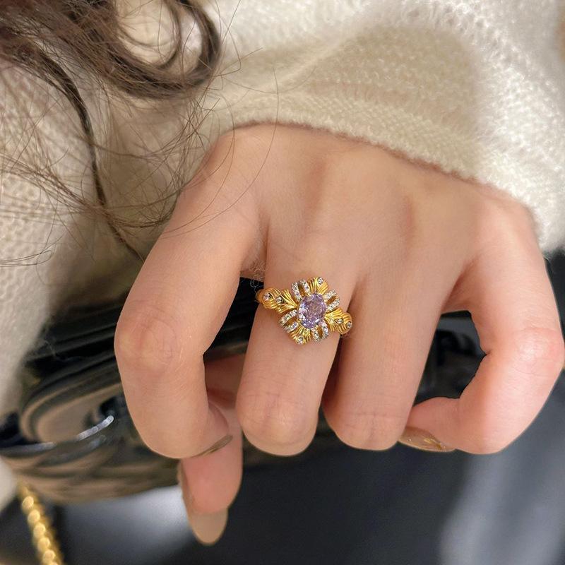 Vintage Elegant Style Purple crystal Rings for women Light Luxury Stylish Adjustable Ring Party Wedding Romantic