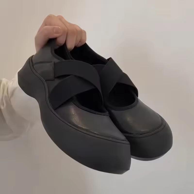 Módní Retro Tenisky s Tlustou Podrážkou Křížené Elastické Pásky Mary Jane Mělké Malé Kožené Boty Kulatá Špička Baleríny pro Ženy