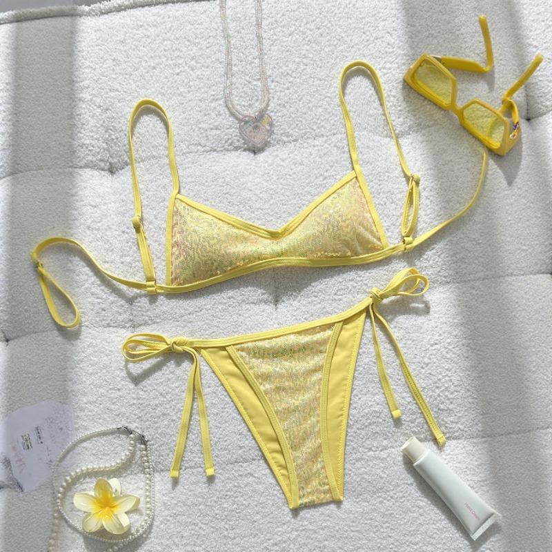 Women Yellow Sequined Tie Straps Triangle Cup Bikini Sexy Swimwear For Beach Vacation