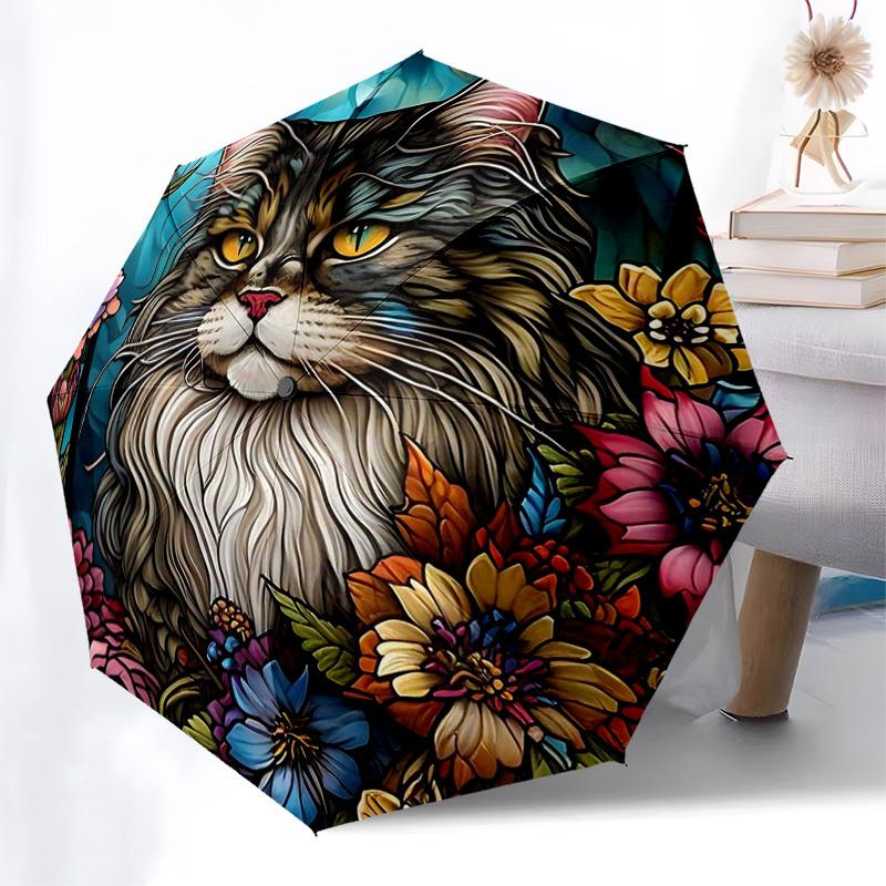 

1pc Stained Glass Cat & Flowers Auto Open Close Umbrella, Portable 3-Fold Design, 8-Bone Iron Frame Outdoor Umbrella, Festival Gift for Fans, Traveler