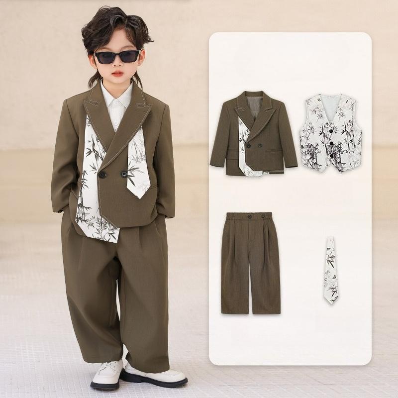 Boys Chinese Style Suit Set Bamboo Print Blazer Vest Pants Shirt for Wedding Birthday Party Photoshoot Kids School Formal Outfit