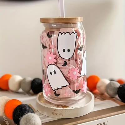 4 Set of 550ml/18.7oz Halloween Glass Jar with Bamboo Lid and Straw - Perfect for Cold Drinks, Suitable for Juice, Milk, Etc.