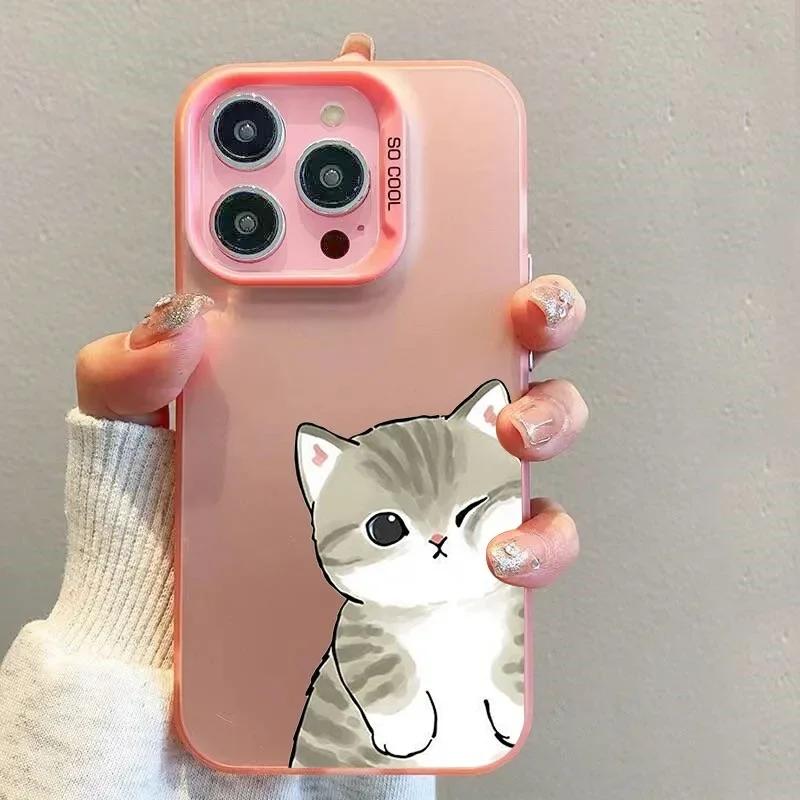 Funny Cartoon Cat Lover Couple Phone Case for IPhone 13 12 Mini 14 15 16 11 Pro Max Plus Hard Laser Cover Paired Fundas