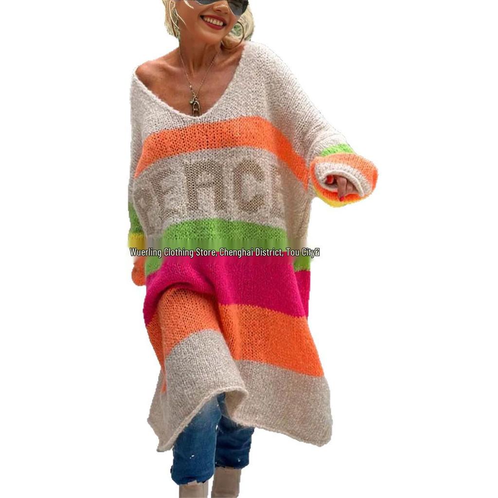 2026 Spring/Autumn Women's Rainbow Stripe V-Neck Loose Knit Sweater – 3 Colors Available