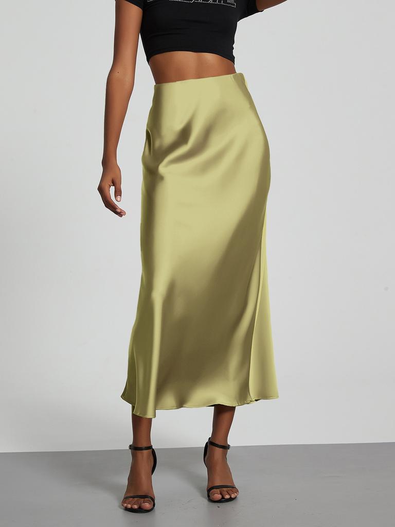 Women's Clothing Elegant Satin Midi Skirt Slim Fit High-Waisted Dress